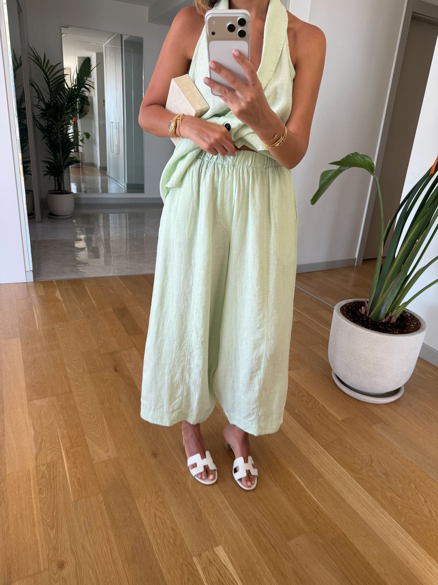 The Resort Halter & Wide-Leg Linen Set in Mint, Pastel Sage