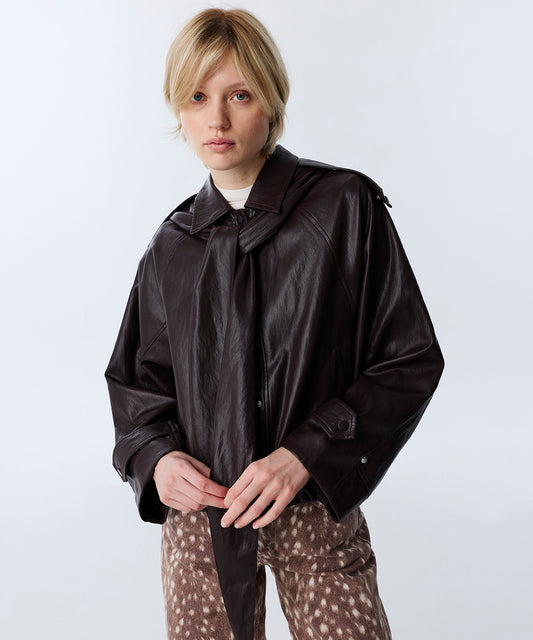 TWIST Tied-Scarf Real Leather Jacket in Burgundy