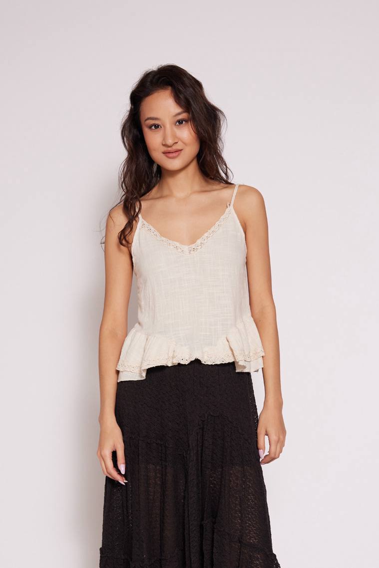 Lace-Trim Tiered Peplum Cami - Beige Color -