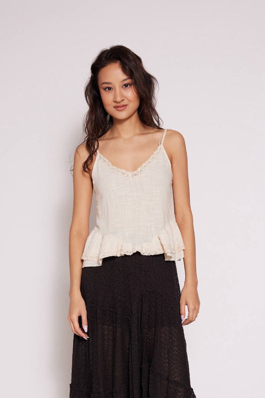 Lace-Trim Tiered Peplum Cami - Beige Color -