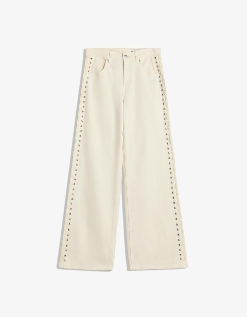 Frayed Denim Jeans straight-leg trousers with Eyelets - Mid Waist- White Color