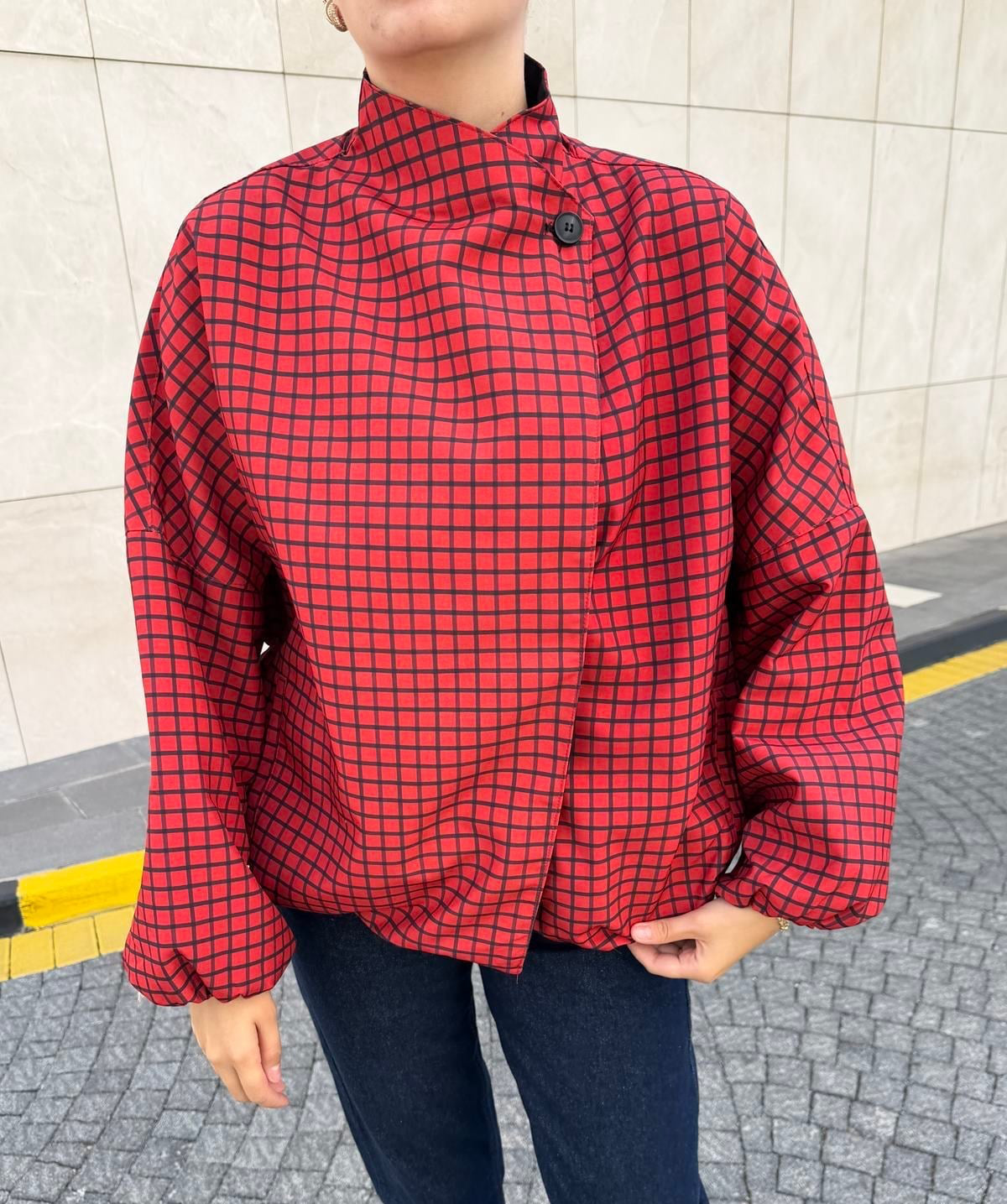Red Grid Plaid High-Neck Bomber Jacket