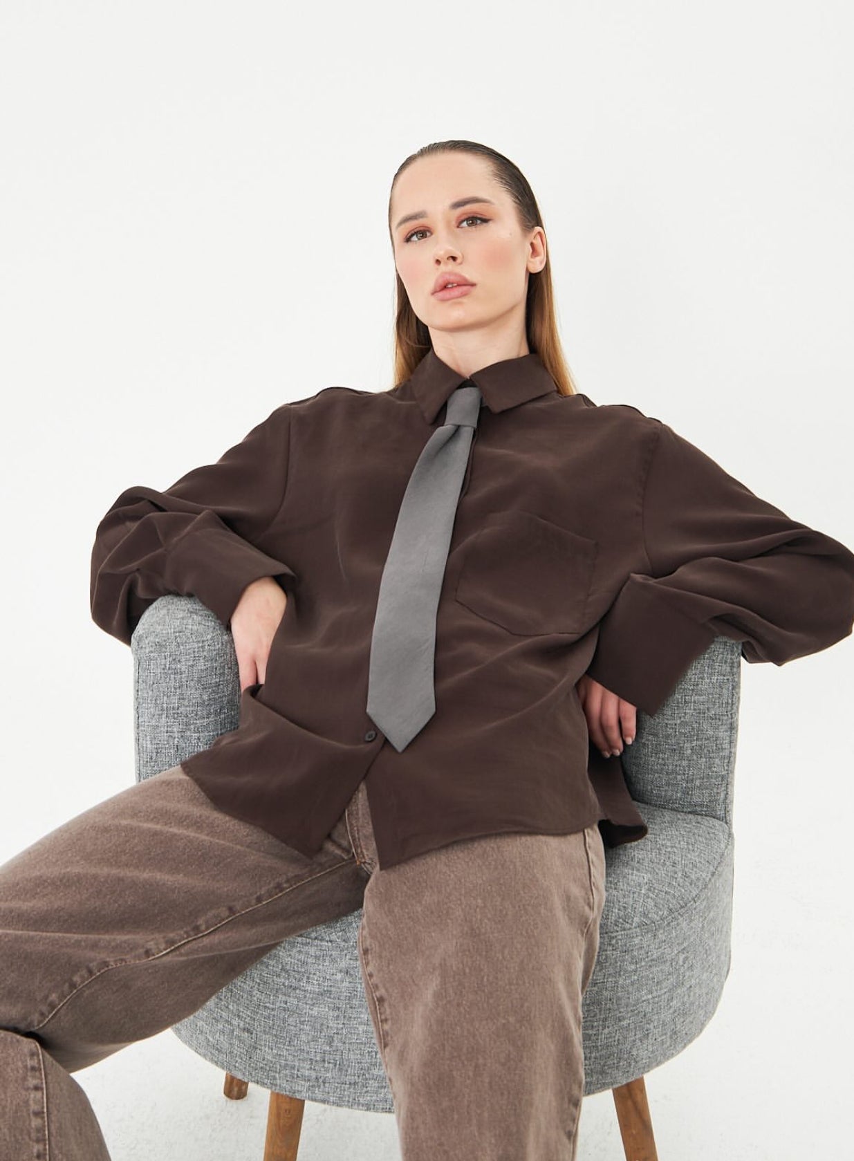 Oversized Brown Shirt with contrast Tie in Grey