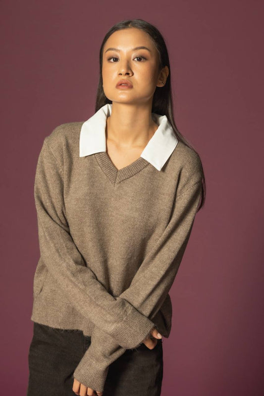This appears to be a V-neck sweater made from a soft, neutral-toned yarn, likely wool or a blend, suggesting a comfortable, cozy feel.