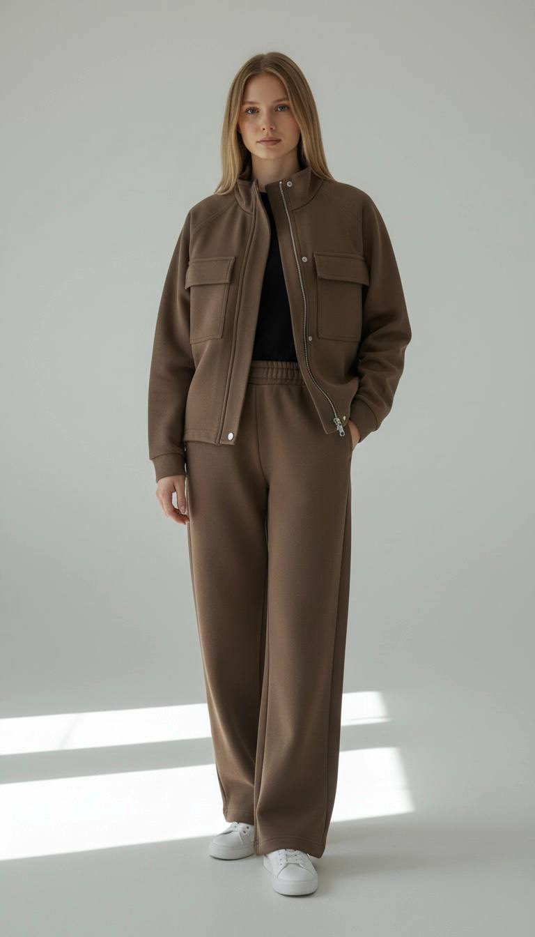 The High-Collar Zip Jacket & Straight Wide Pants Co-Ord - Mocha Color- Set