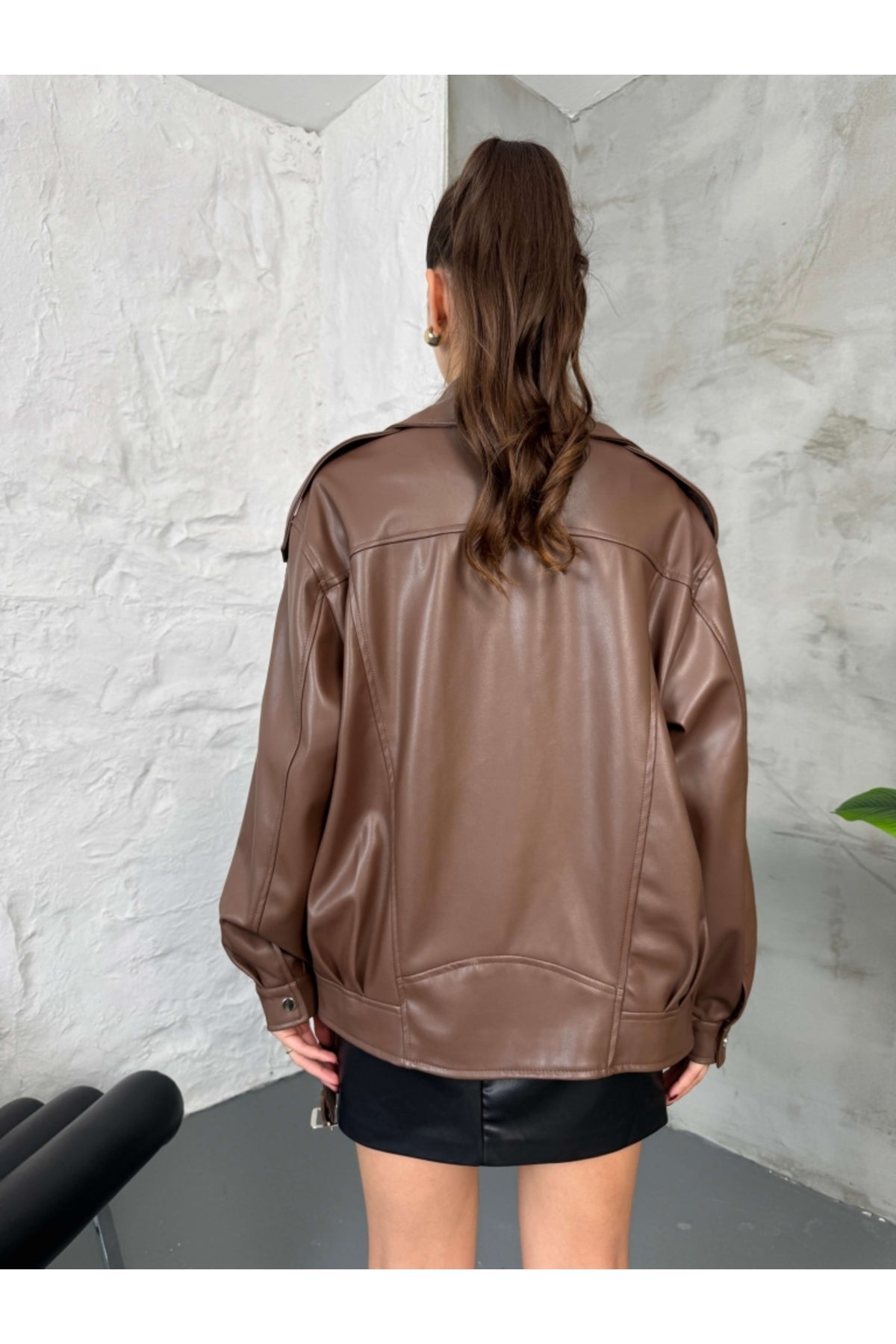 Faux Leather Jacket-Brown Color - Oversized