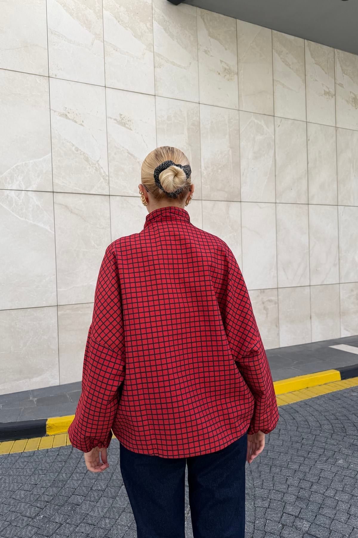 Red Grid Plaid High-Neck Bomber Jacket