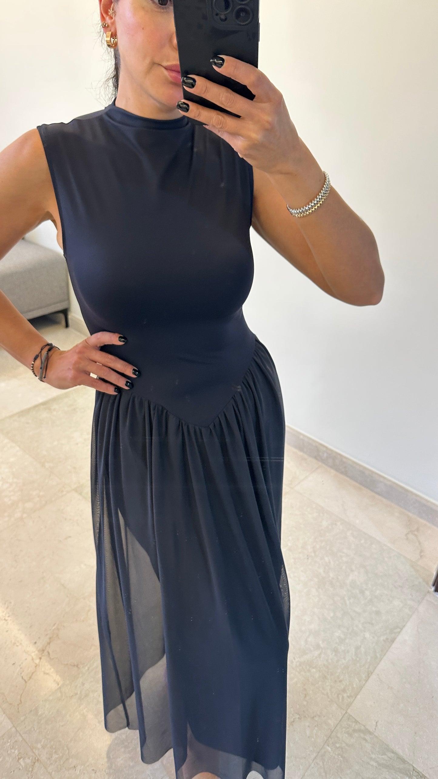 Elena Mock-Neck Mesh Maxi Dress – Navy Blue