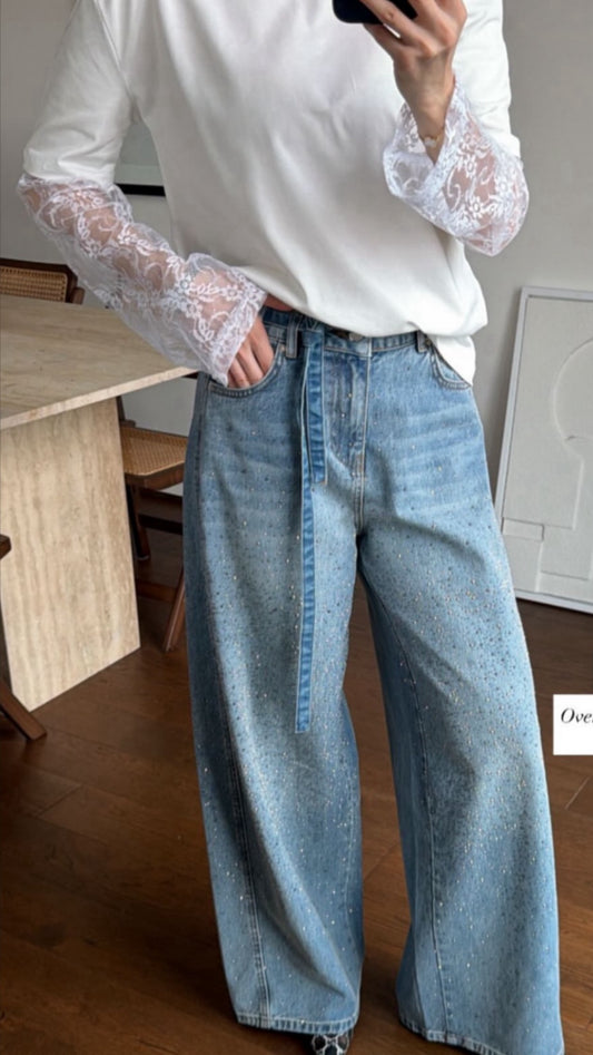 Crystal-Embellished Wide-Leg Denim with Self-Tie Belt