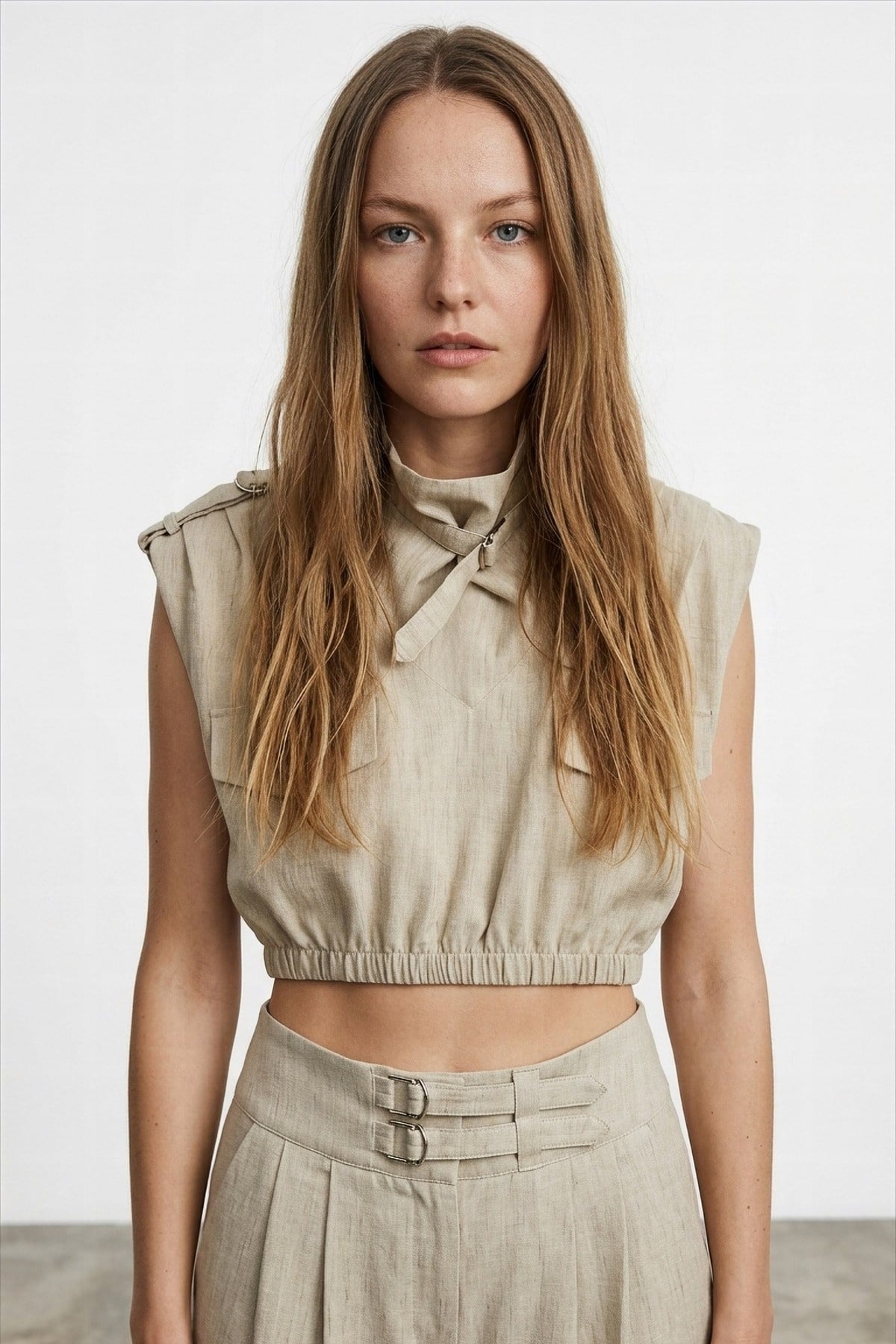 Sleeveless Buckled High-Collar Cropped Linen-Look Top