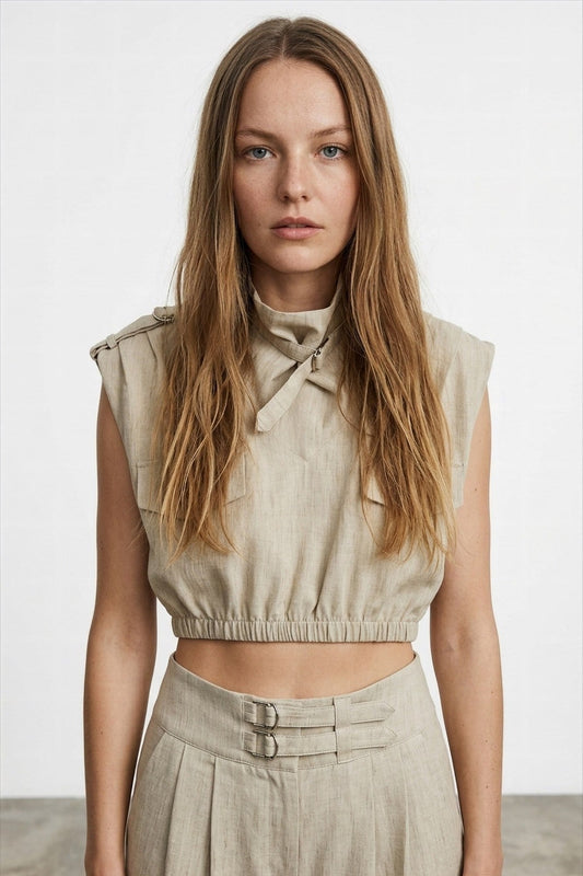 Sleeveless Buckled High-Collar Cropped Linen-Look Top
