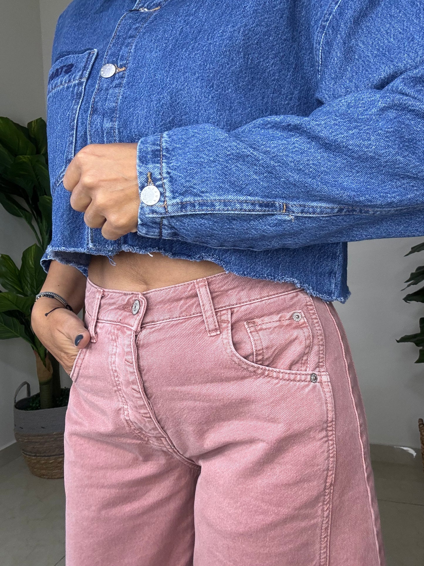 Crop Denim Shirt- Oversized- Dark Blue-