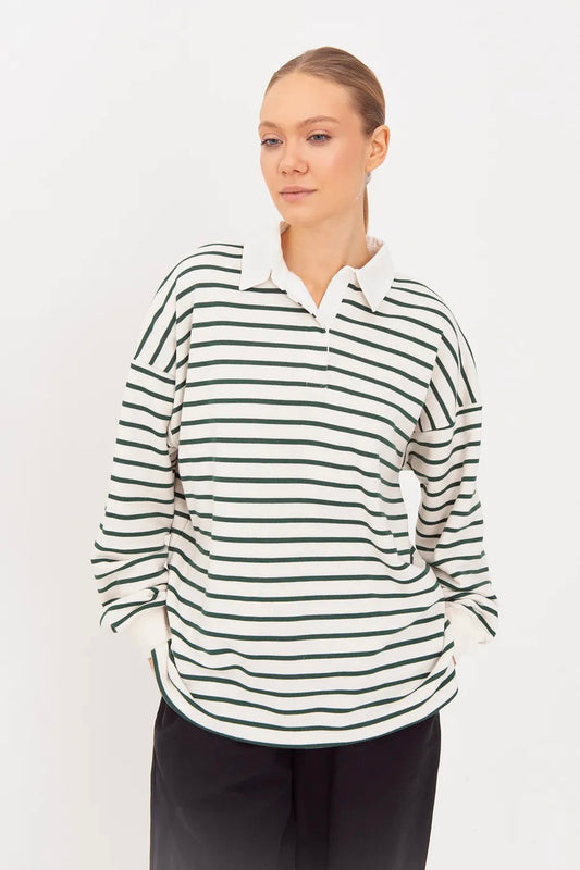 Polo Neck Green Striped Long Sleeve Women's Sweatshirt
