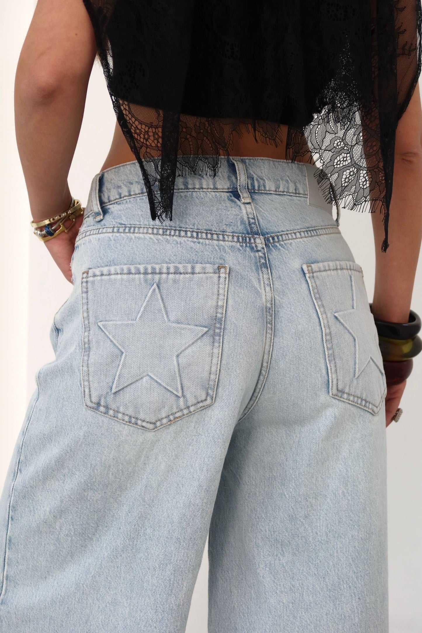 Retro Star-Pocket Palazzo Jeans – Light Acid Wash