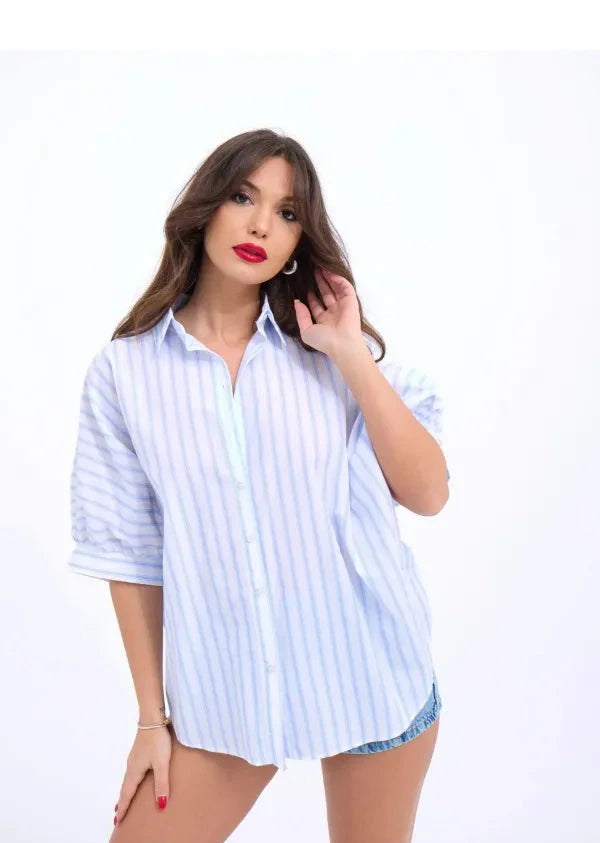 Serene Stripe Open-Back Blouse – Blue & White