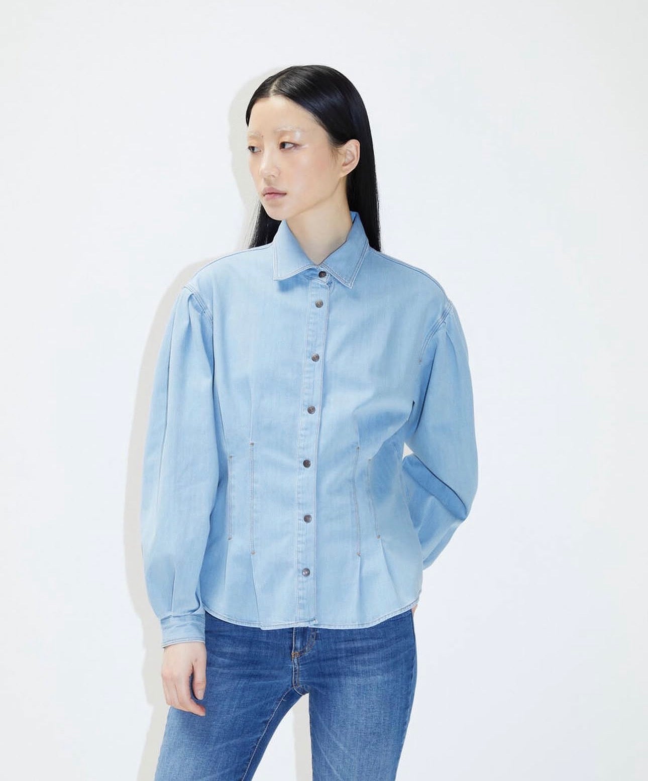 Light Wash Pleated Denim Blouse with Bishop Sleeves
