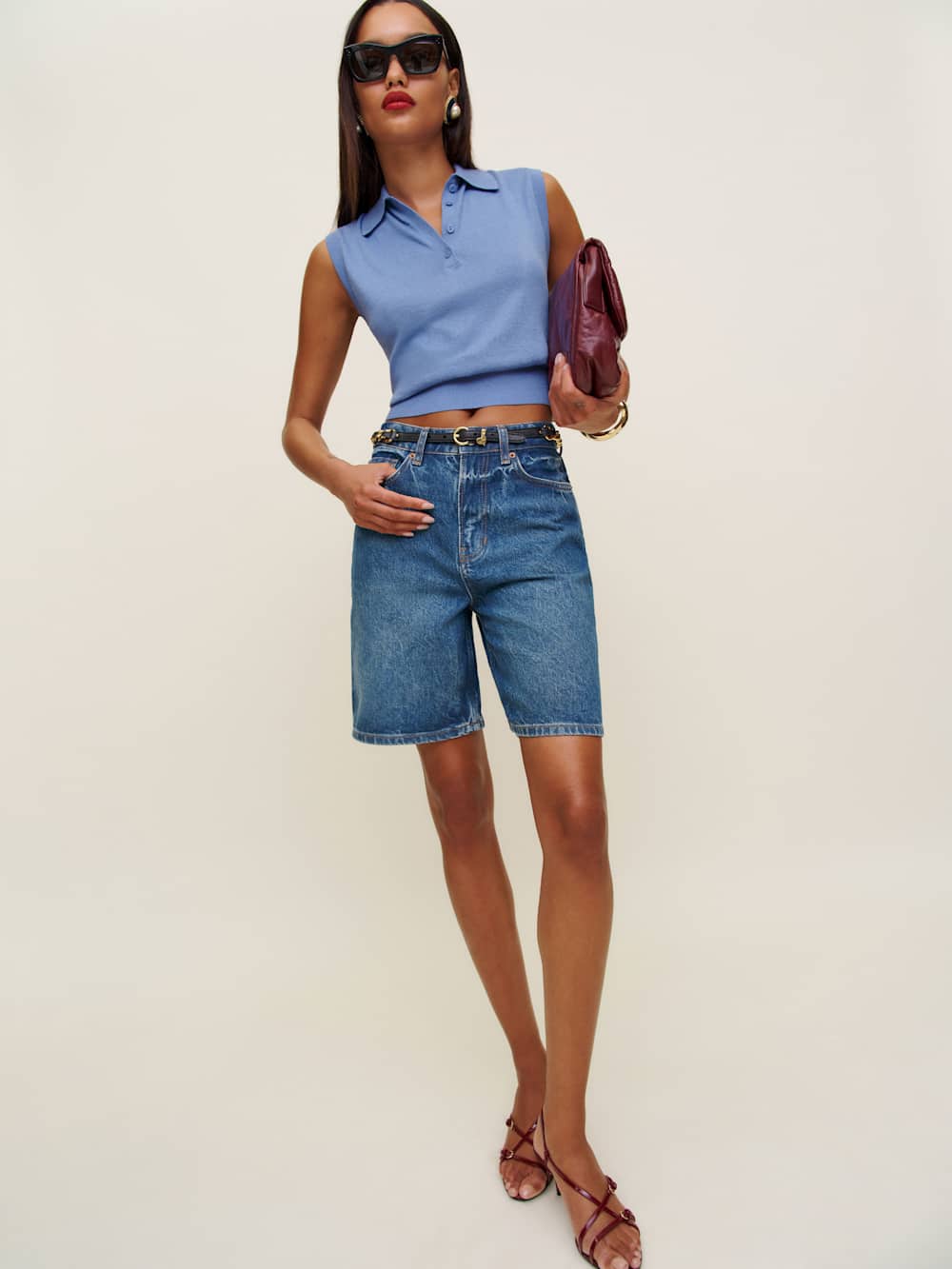 Tailored Wide-Leg Denim Bermuda Shorts