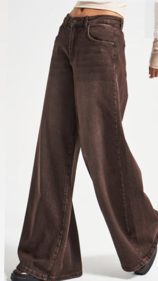 Palazzo Denim Jeans - Brown color - Mid Waist