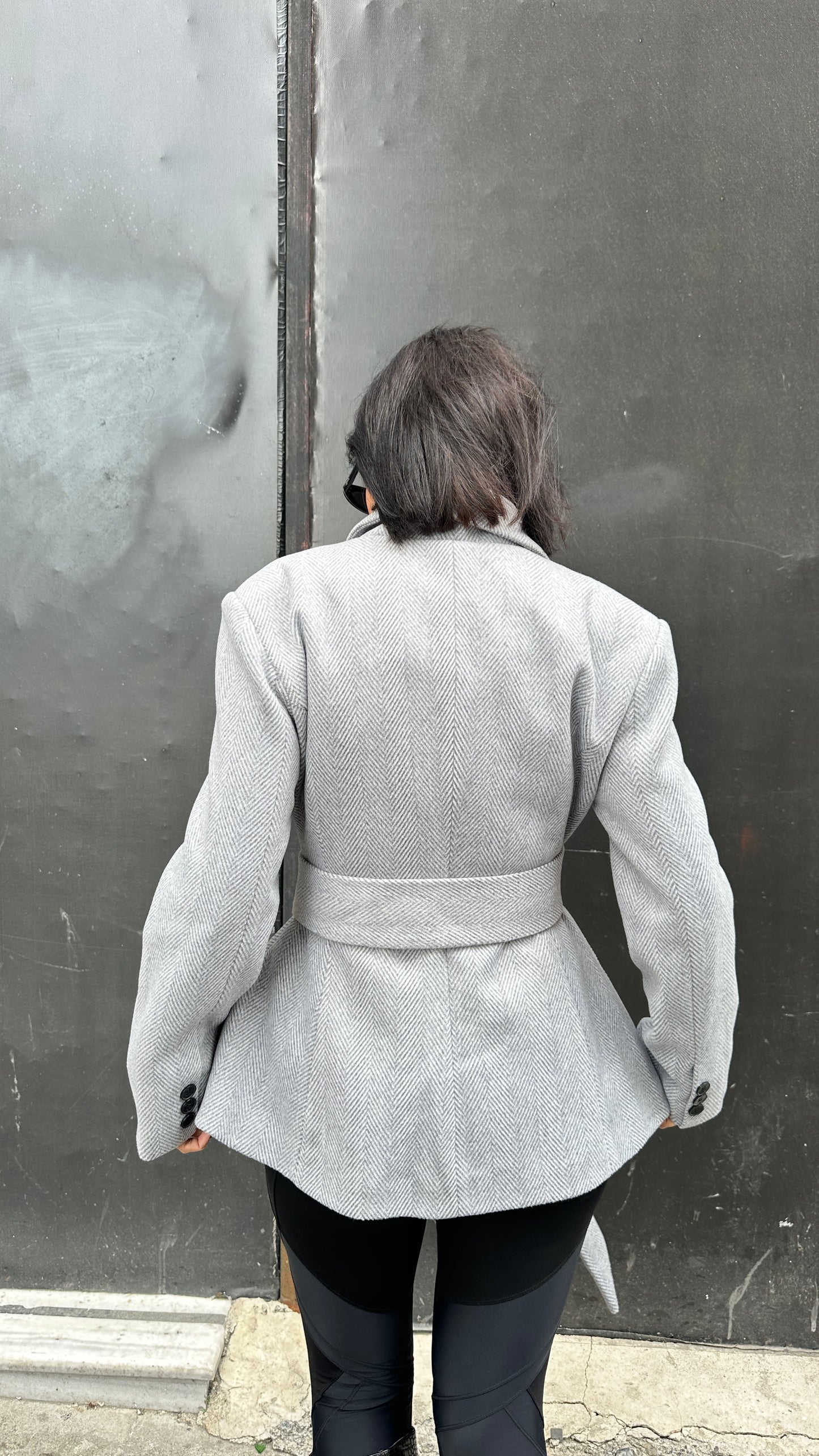 Blazer, Double-breasted, Flared Hem, Detachable Scarf - Light Grey -Felt Fabric