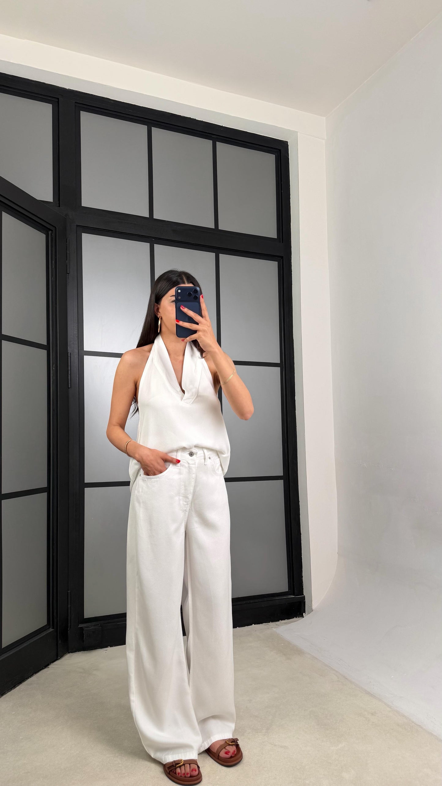 Lola Backless Denim Set - Vest & Wide-Leg Pant - White Color -