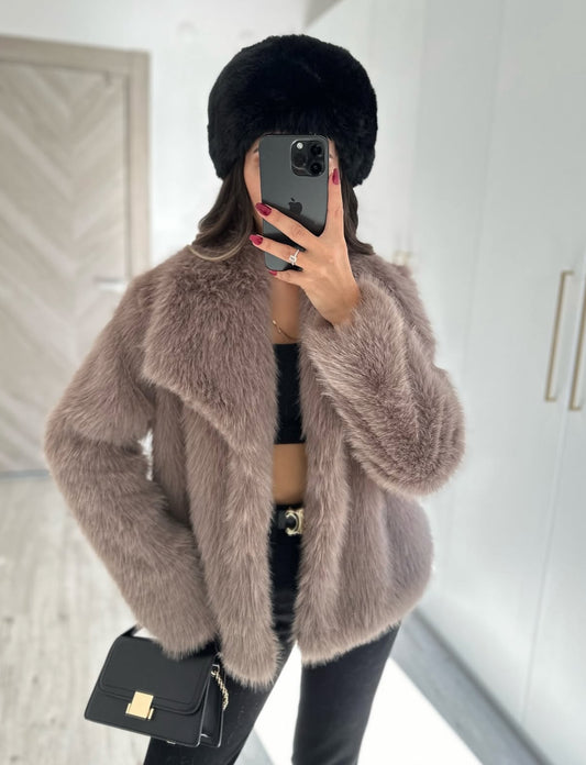 Faux Fur Short Jacket - Mocha color-