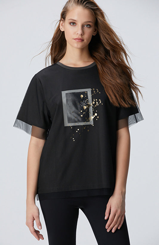 The Abstract Foil-Print Tulle Tee -Black Color -