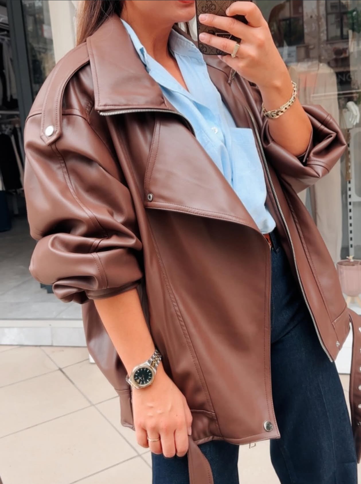 Faux Leather Jacket-Brown Color - Oversized