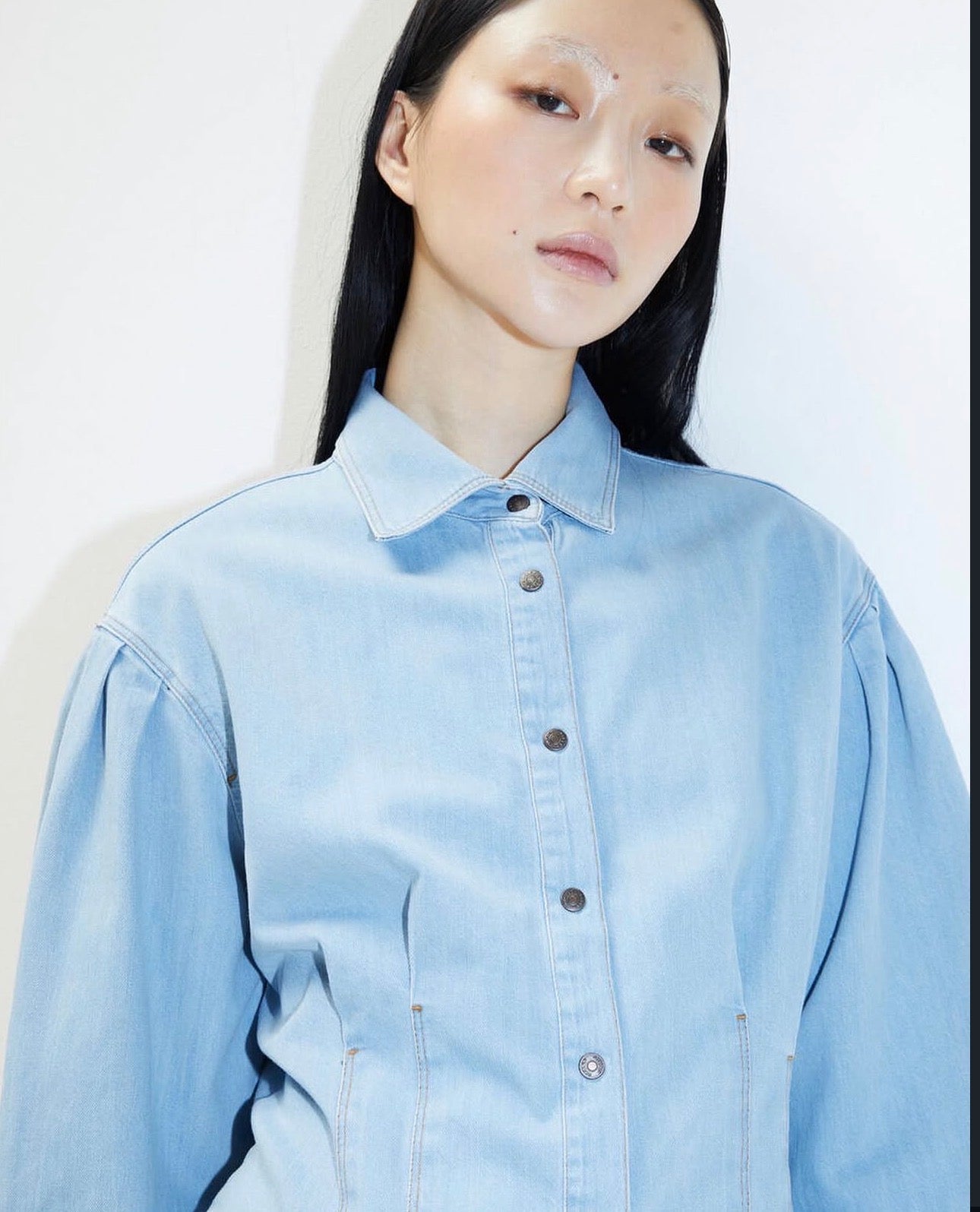Light Wash Pleated Denim Blouse with Bishop Sleeves