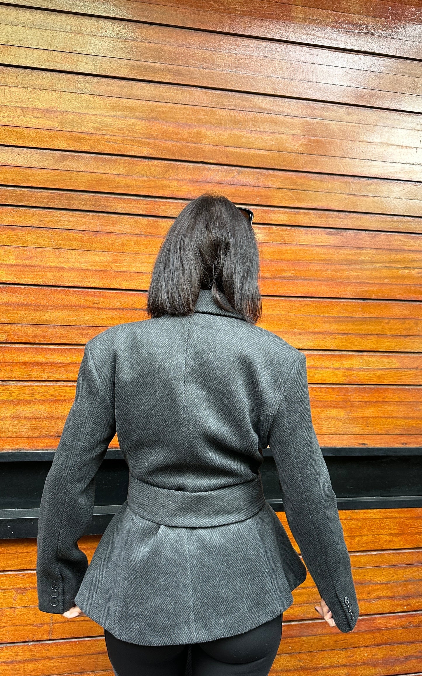 Blazer, Double-breasted, Flared Hem, Detachable Scarf - Dark Grey -Felt Fabric