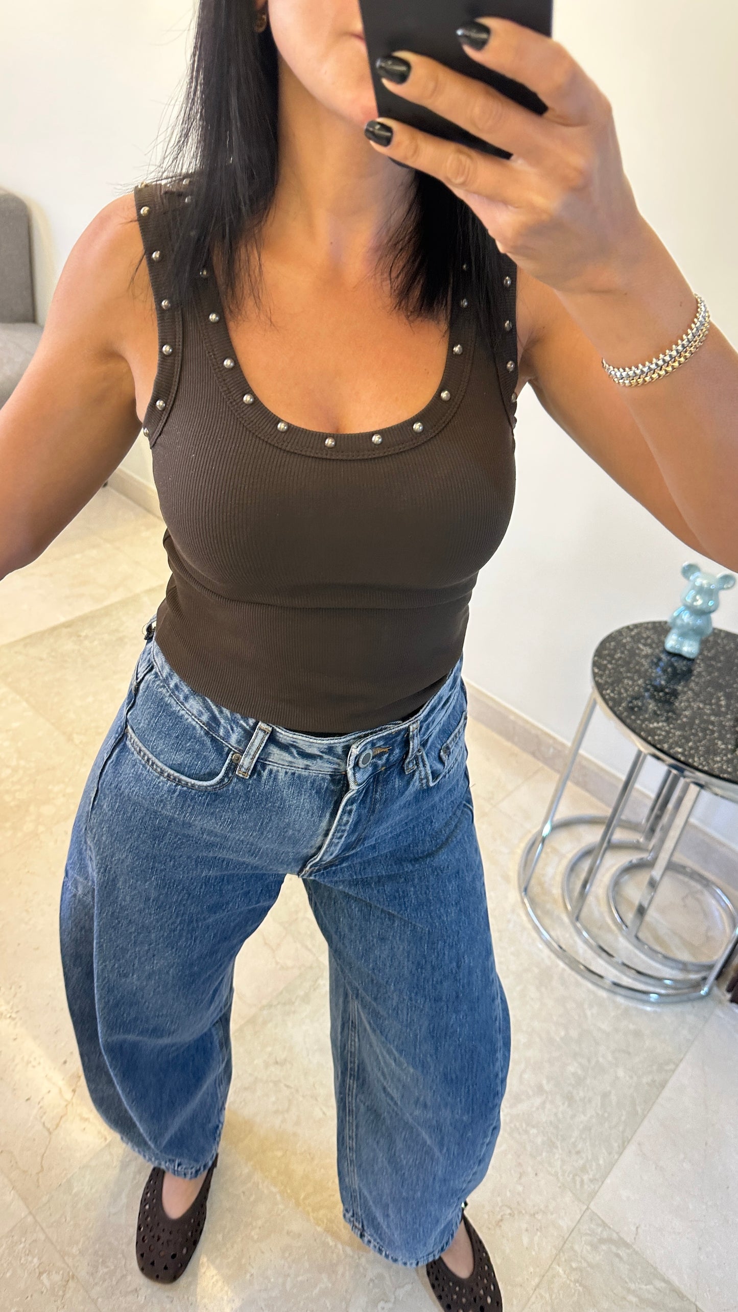 Cleo Studded Ribbed Tank Top - Brown Color -