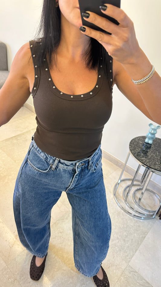 Cleo Studded Ribbed Tank Top - Brown Color -