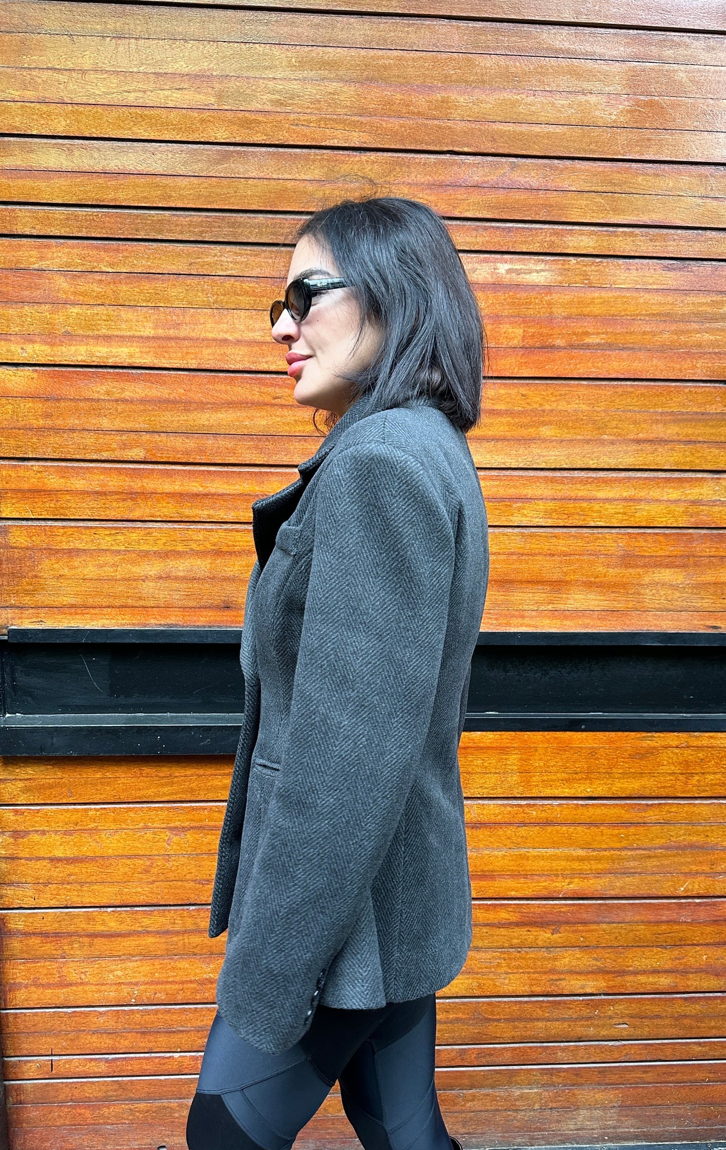 Blazer, Double-breasted, Flared Hem, Detachable Scarf - Dark Grey -Felt Fabric