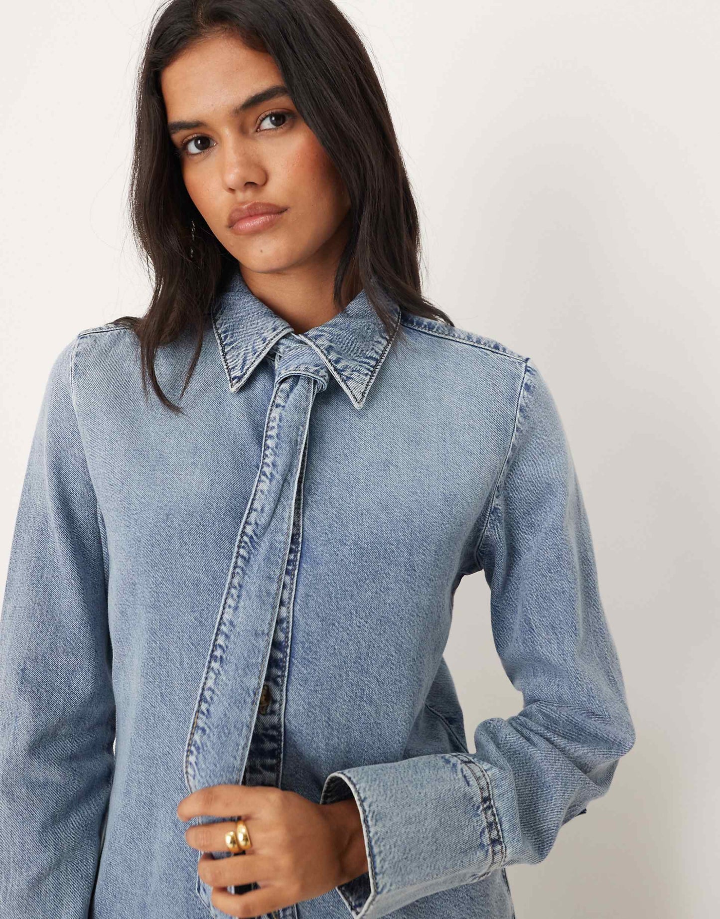 Cotton mix long sleeve denim shirt with tie neck in medium blue