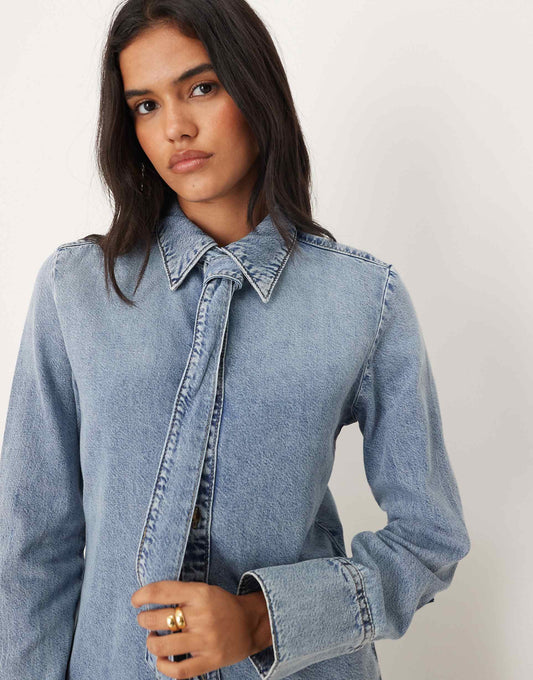 Cotton mix long sleeve denim shirt with tie neck in medium blue