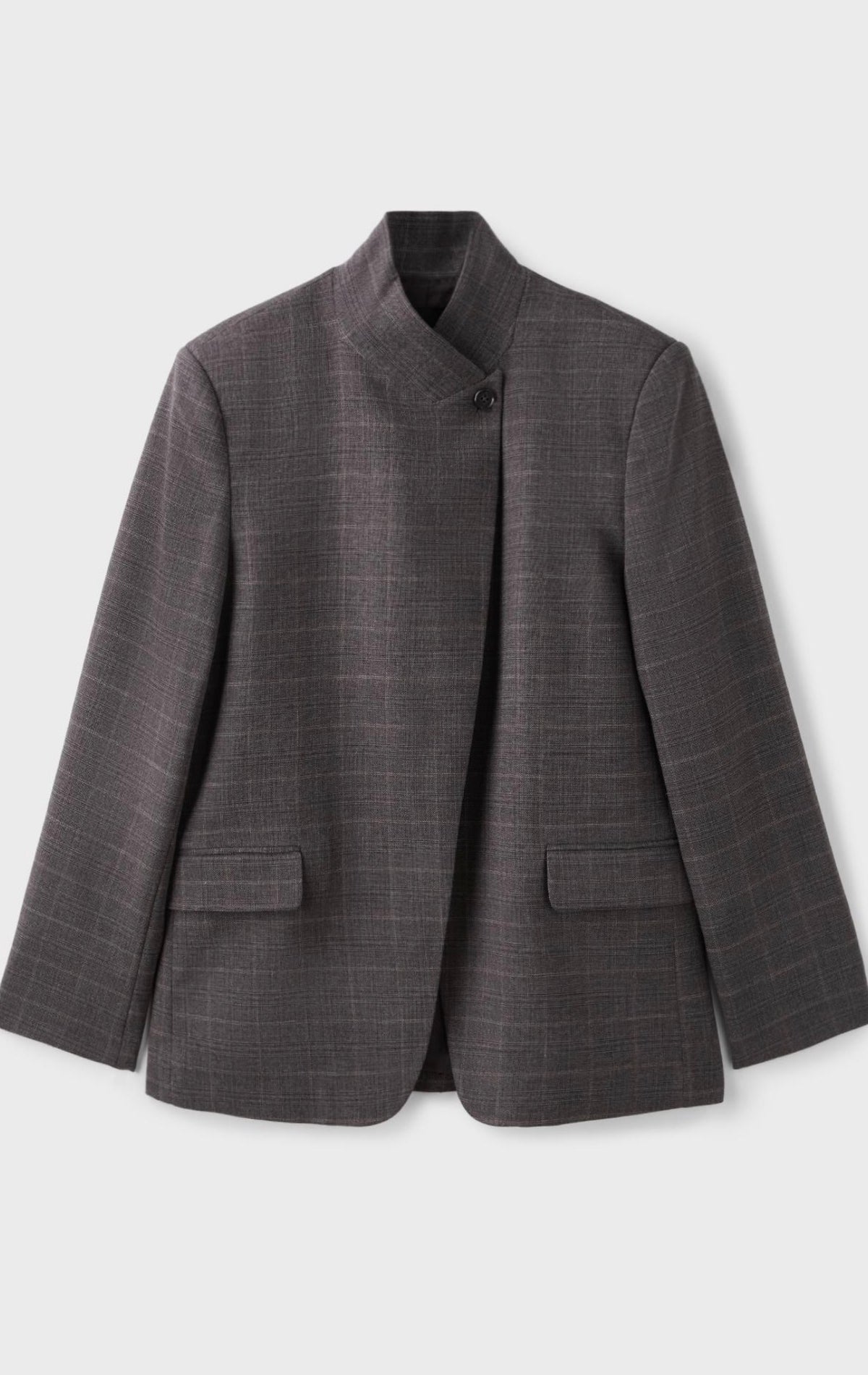 Tailored Asymmetric Stand-Collar Blazer