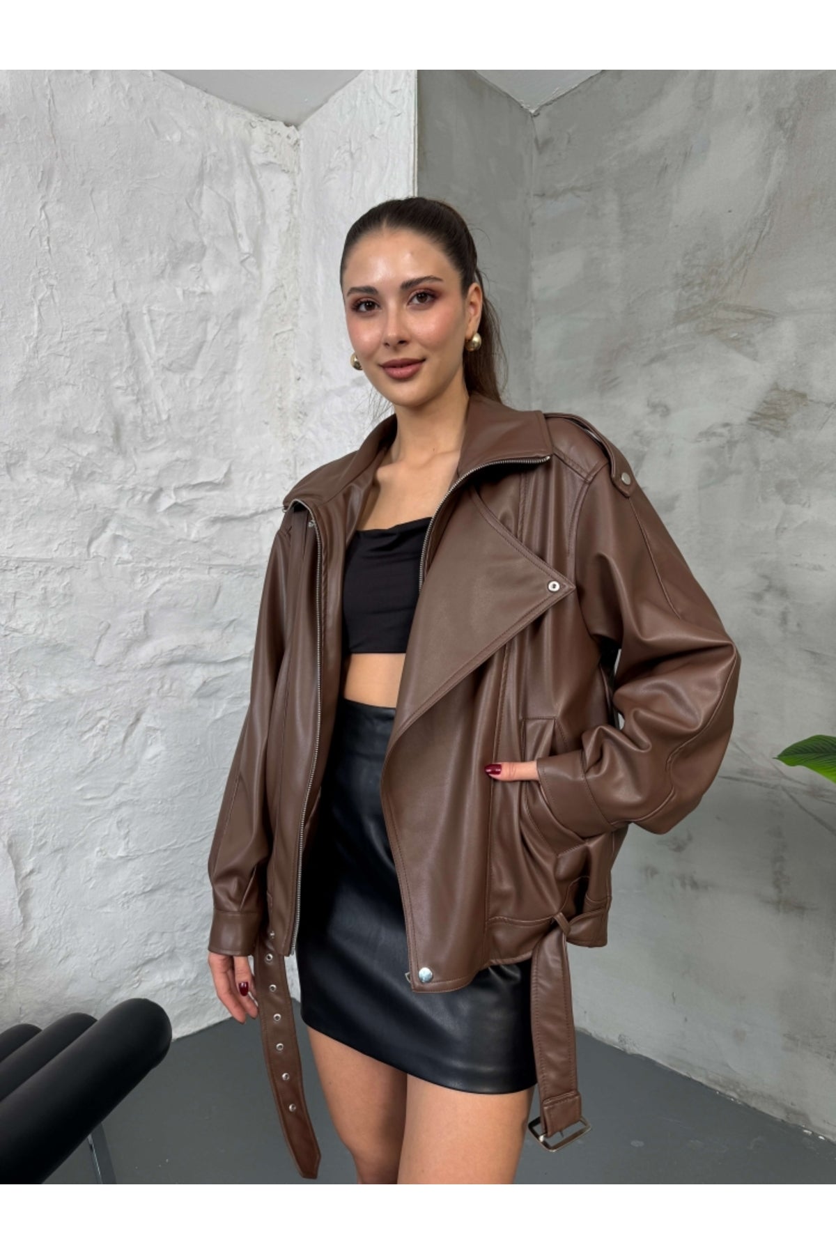 Faux Leather Jacket-Brown Color - Oversized