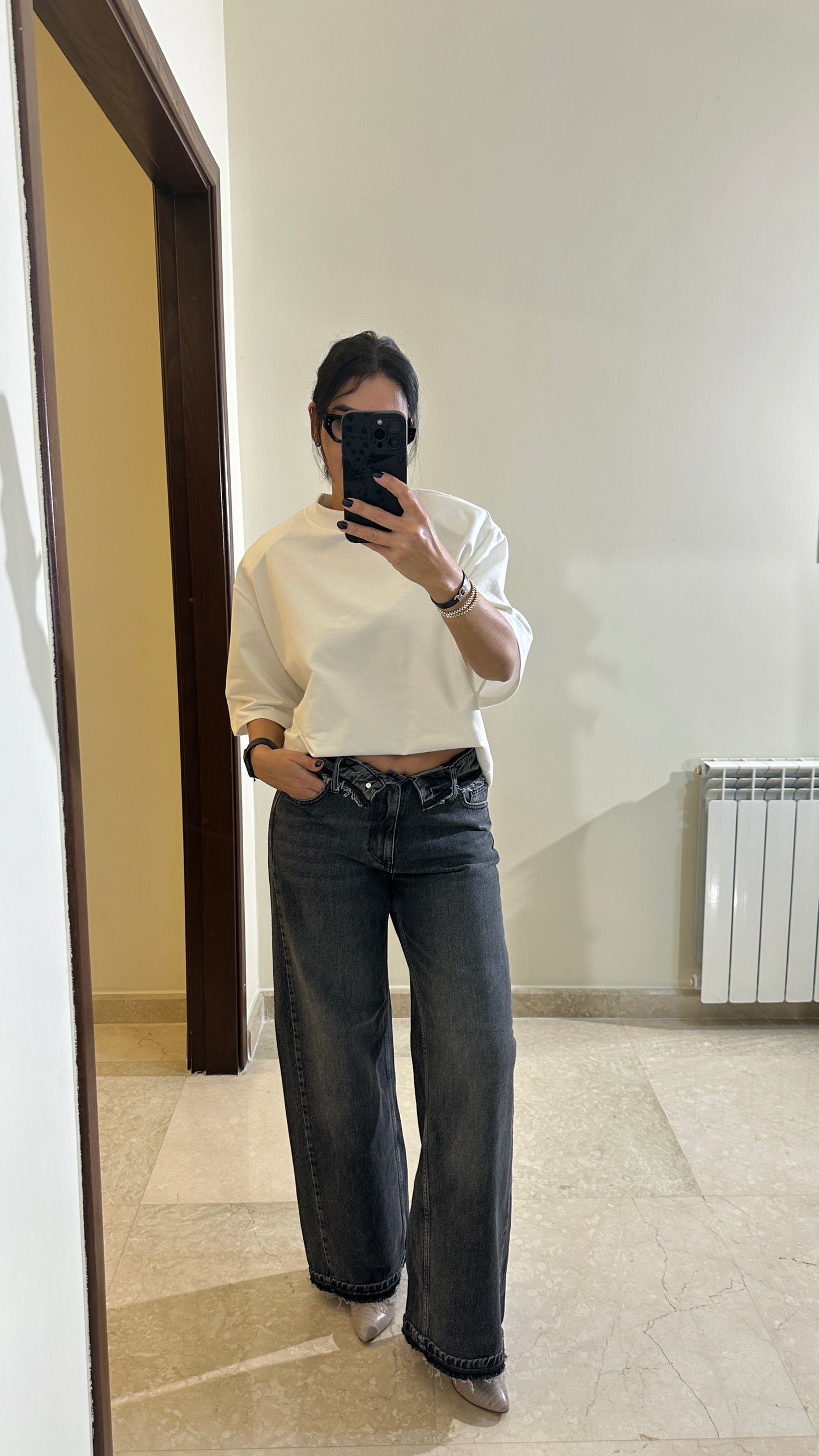 Asymmetric Fold-Over Mid to High-Rise Wide Leg Jeans