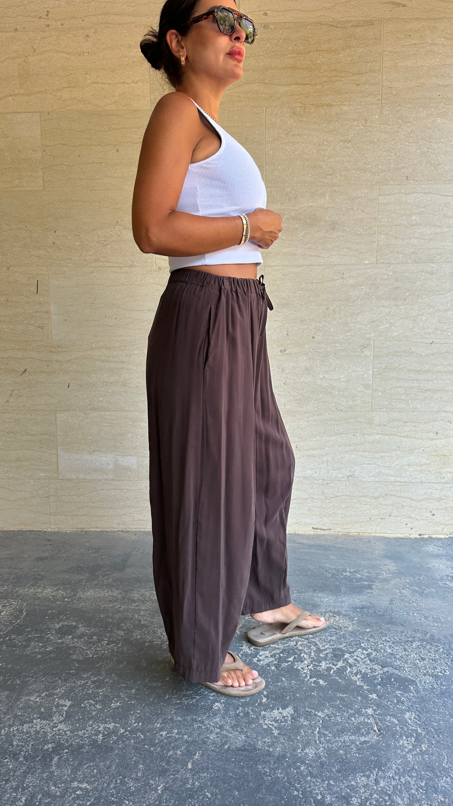 Relaxed Drawstring Wide-Leg Pants - Chocolate Brown Color -