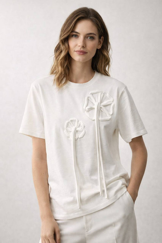 The 3D Floral Appliqué Tee in Soft Cream