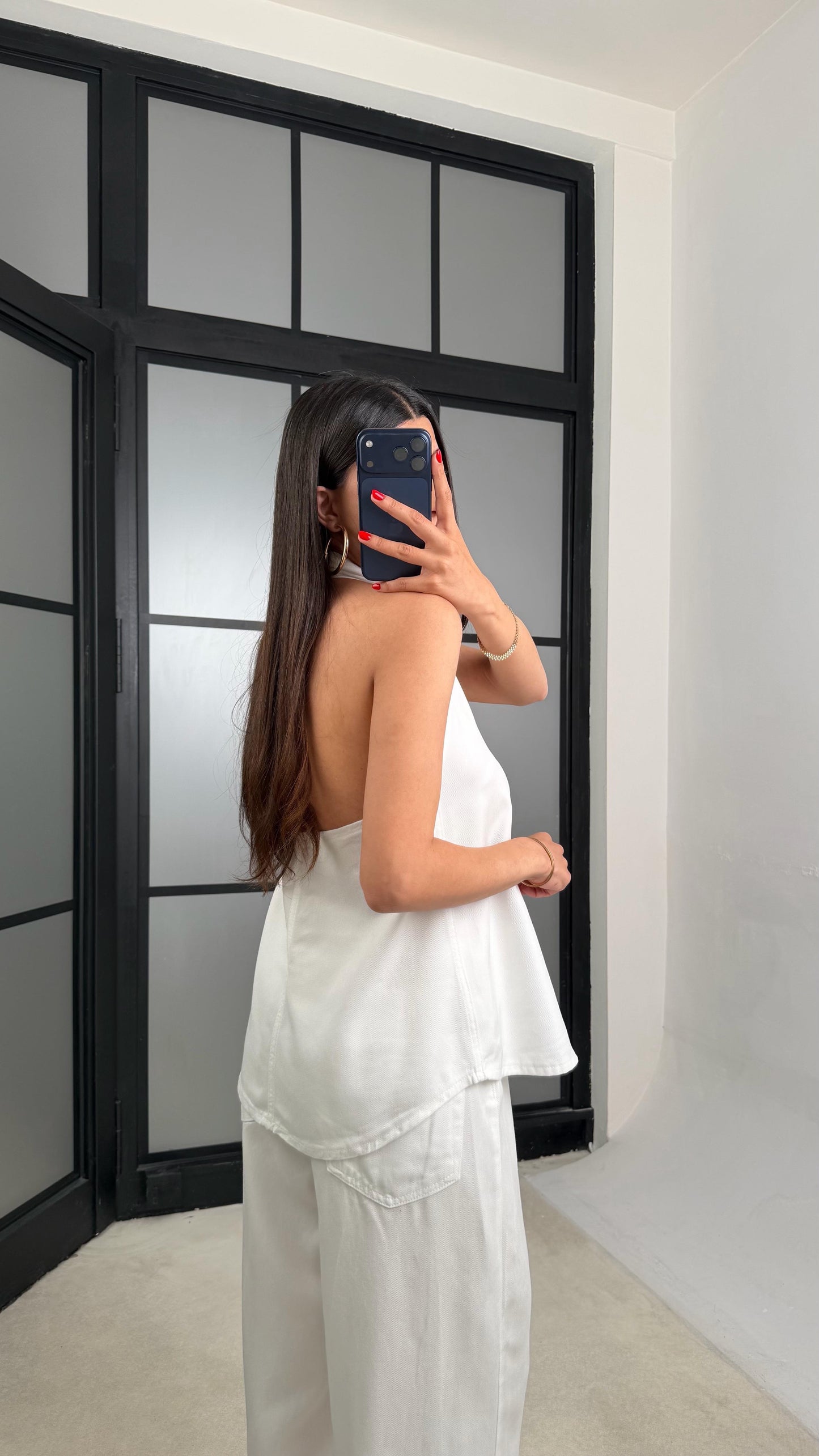 Lola Backless Denim Set - Vest & Wide-Leg Pant - White Color -