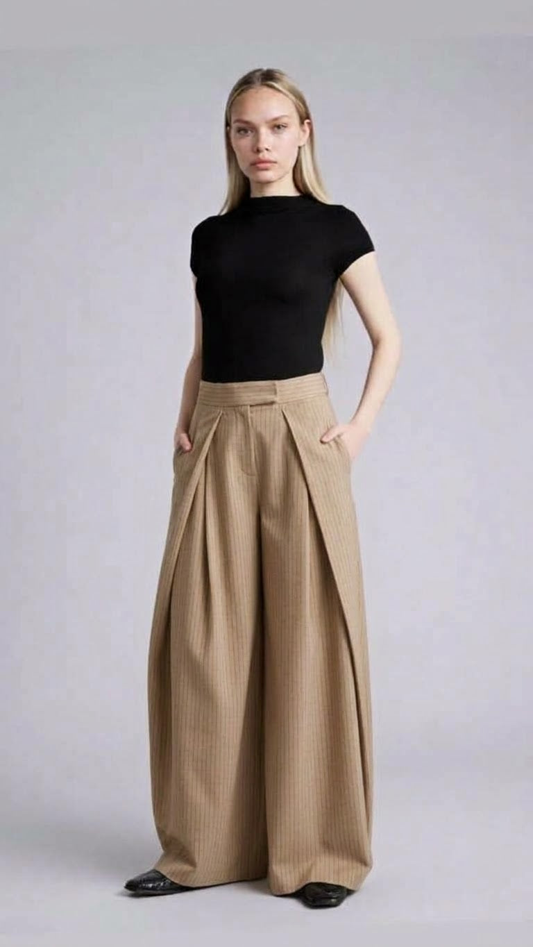 Deep Fold High-Waist Palazzos – Beige