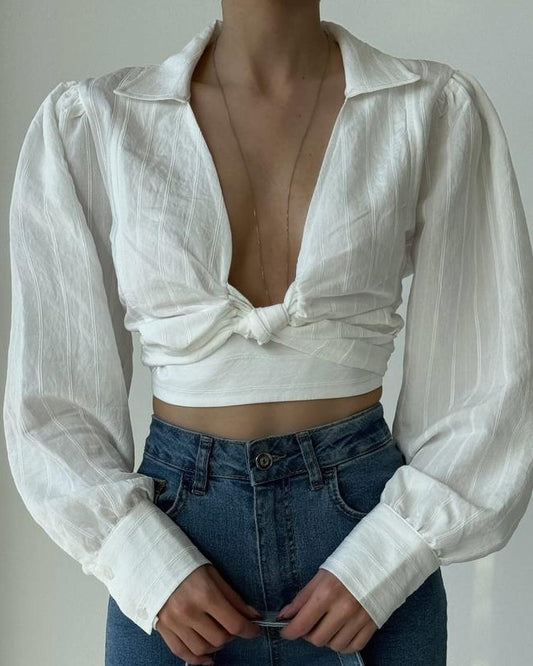 Textured Button-Front Crop