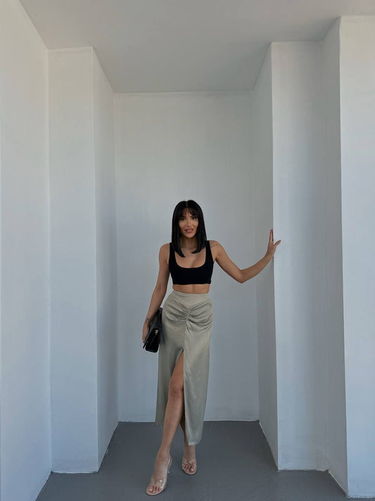 Satin Drape Midi Skirt – Sand