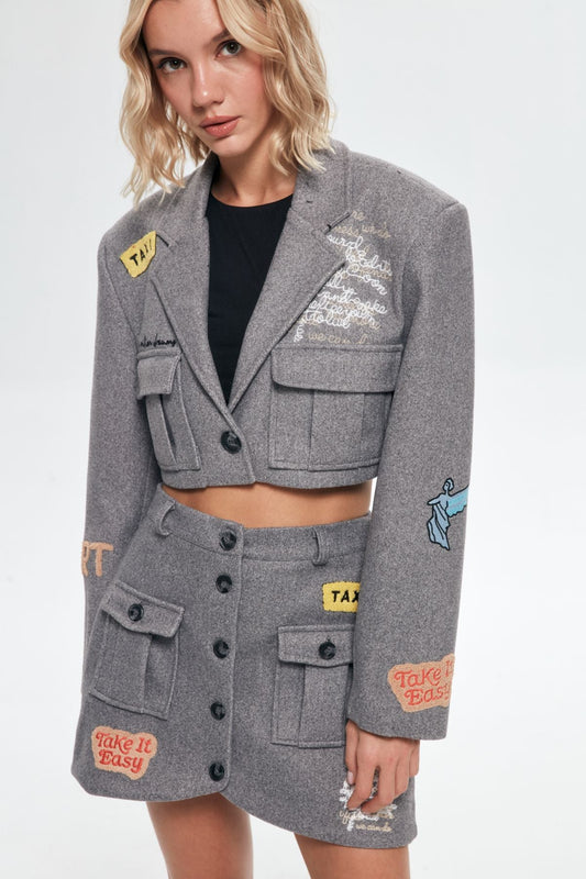 Embroidered Crop Blazer – Grey