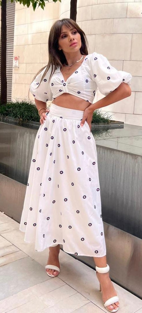 Polka Dot Puff Sleeve Set – White & Navy
