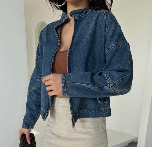 Zip Up Elastic Hem Denim Jacket