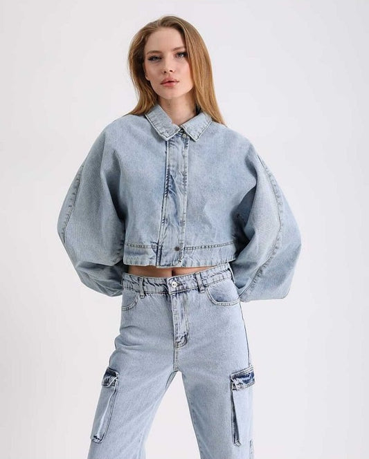Cropped Balloon Denim Jacket with Puffy Sleeves