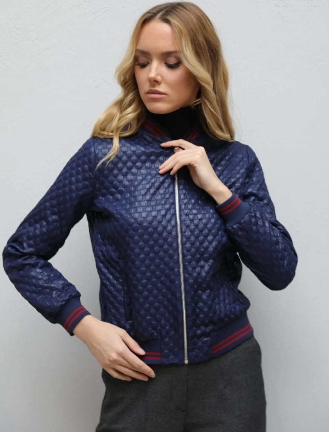 Quilted Navy Bomber Jacket